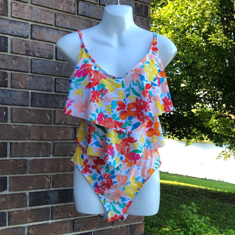Ellen Tracy Floral Ruffle One-Piece Swimsuit